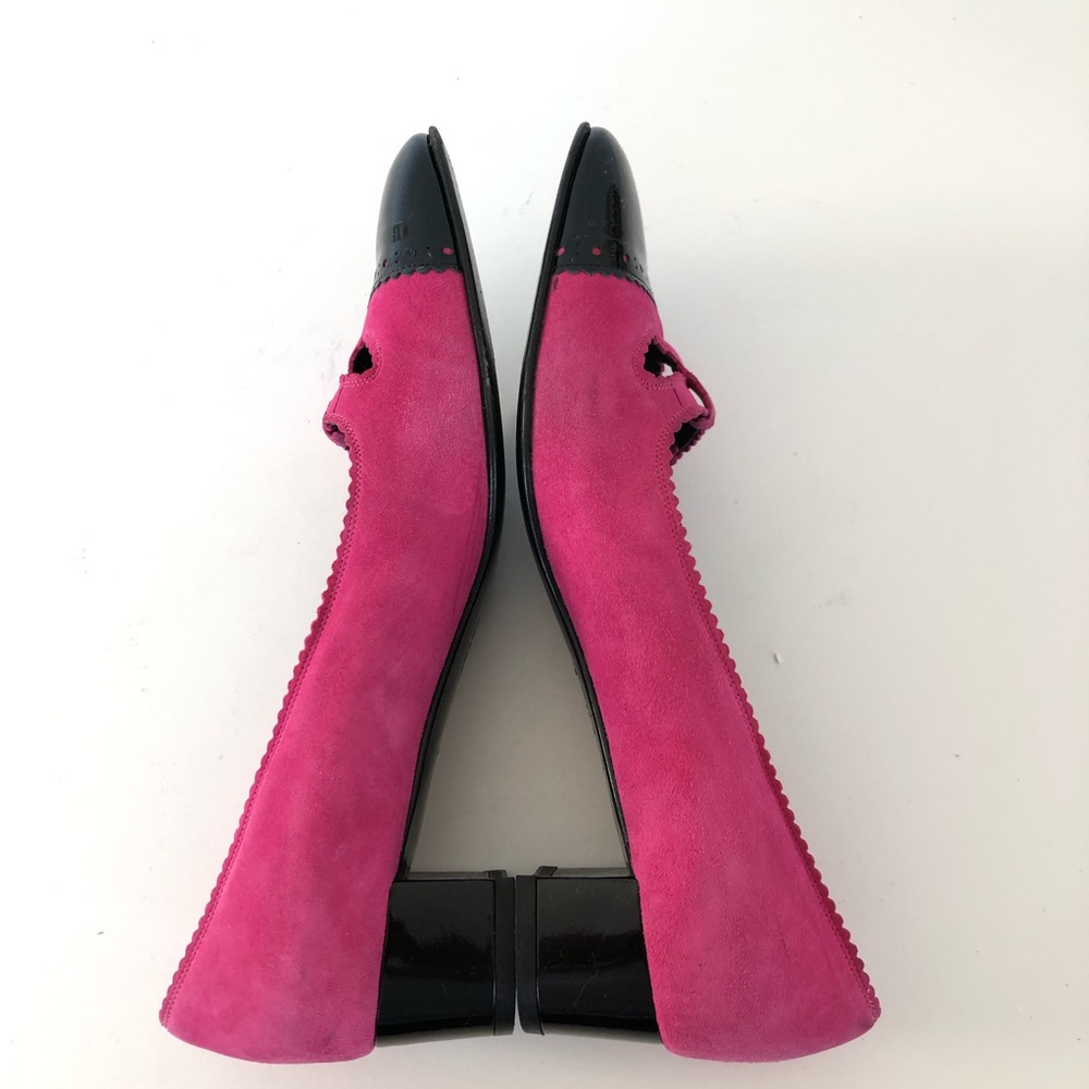♦️SOLD♦️SALVATORE FERRAGAMO Pink Suede Black Patent Leather Cap Toe Flat Loafer - Picture 5 of 14